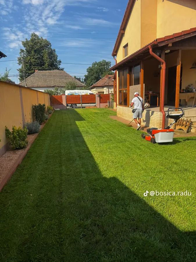 Gazon tuns în dungi într-o curte îngustă de oraș, cu duba Radu Garden parcată la poartă.